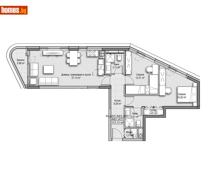 Тристаен, 117m² - Кв. Витоша, София - Апартамент за продажба - Абела - 116898757
