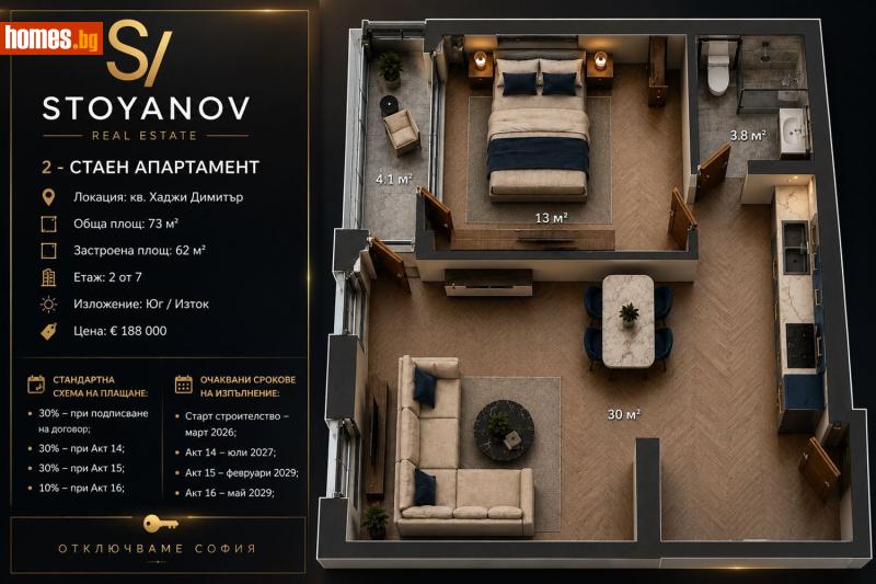 Двустаен, 73m² - Жк. Хаджи Димитър, София - Апартамент за продажба - STOYANOV ESTATE - 119618470