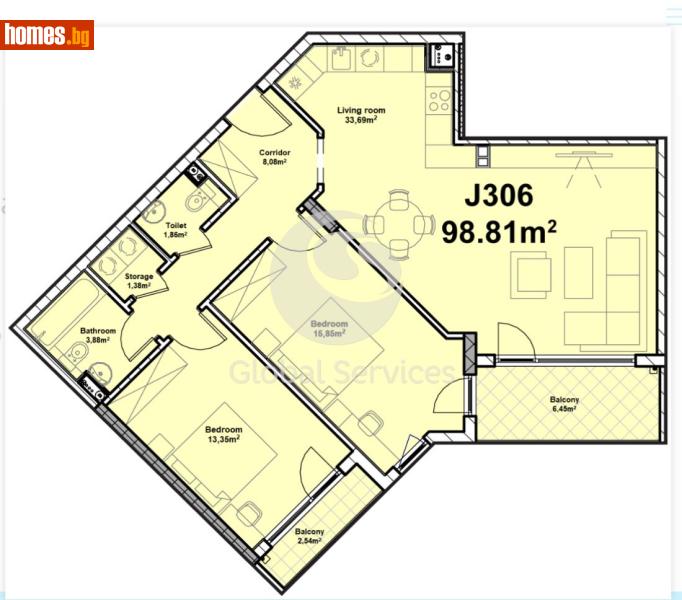 Тристаен, 116m² - Жк. Полигона, София - Апартамент за продажба - Глобъл Сървисиз ООД - 120384514