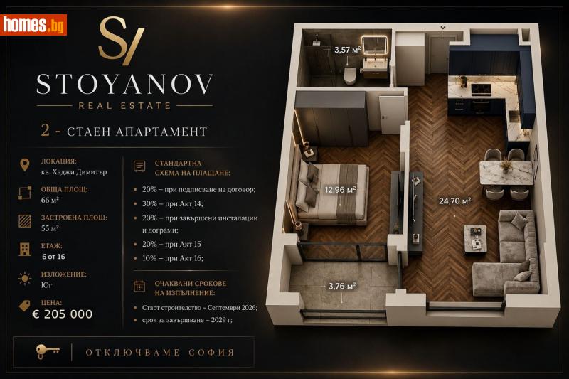 Двустаен, 66m² - Жк. Хаджи Димитър, София - Апартамент за продажба - STOYANOV ESTATE - 120570177